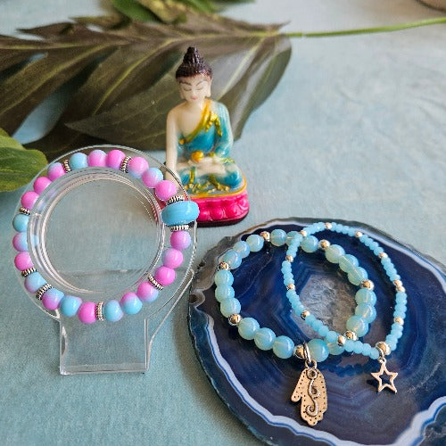 Armbänder Perlen 3er-Set hellblau / rosa Anhänger