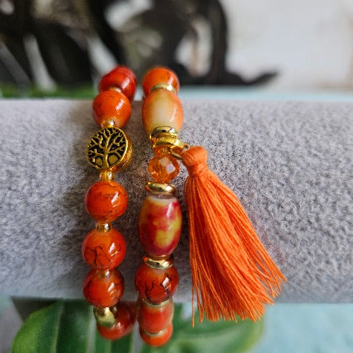 Armbänder Stein perlen 2er-Set orange Lebensbaum