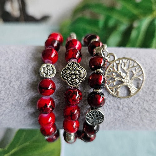 Armbänder Perlen 3er-Set rot Lebensbaum