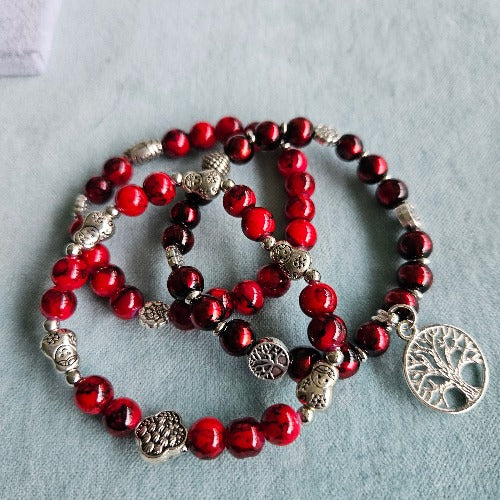 Armbänder Perlen 3er-Set rot Lebensbaum
