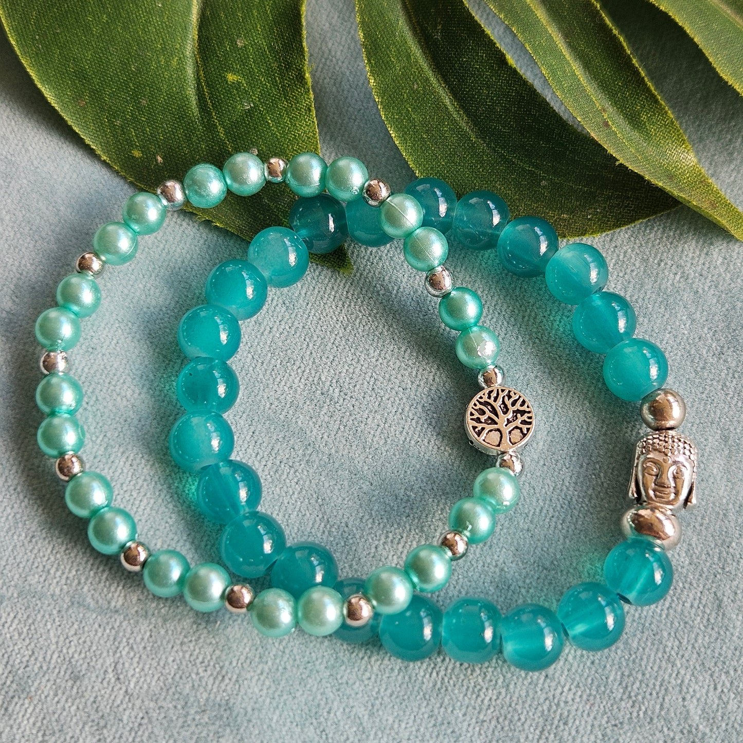 Armbänder Perlen 2er-Set türkis Lebensbaum
