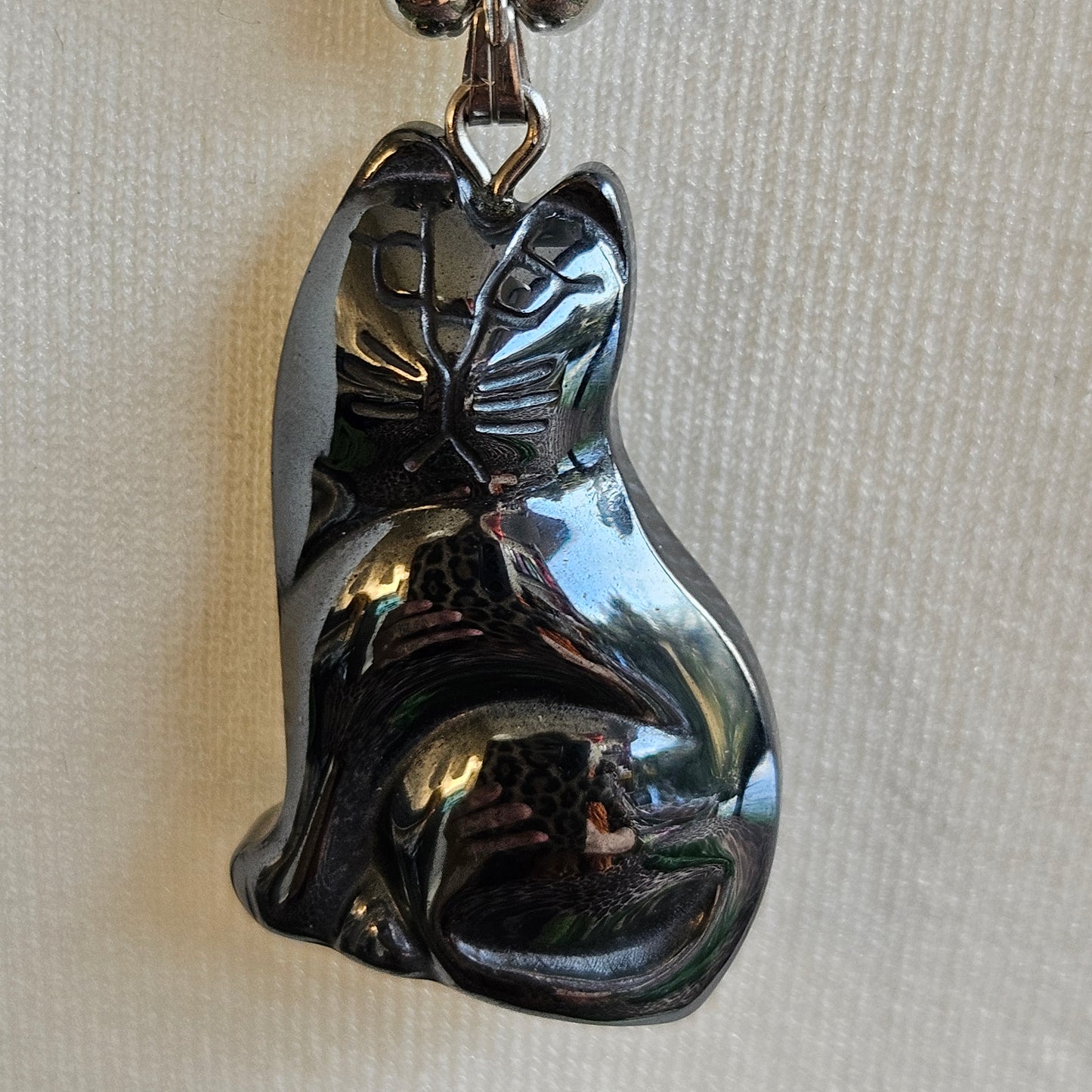 Perlenkette Grau mit Anhänger Katze