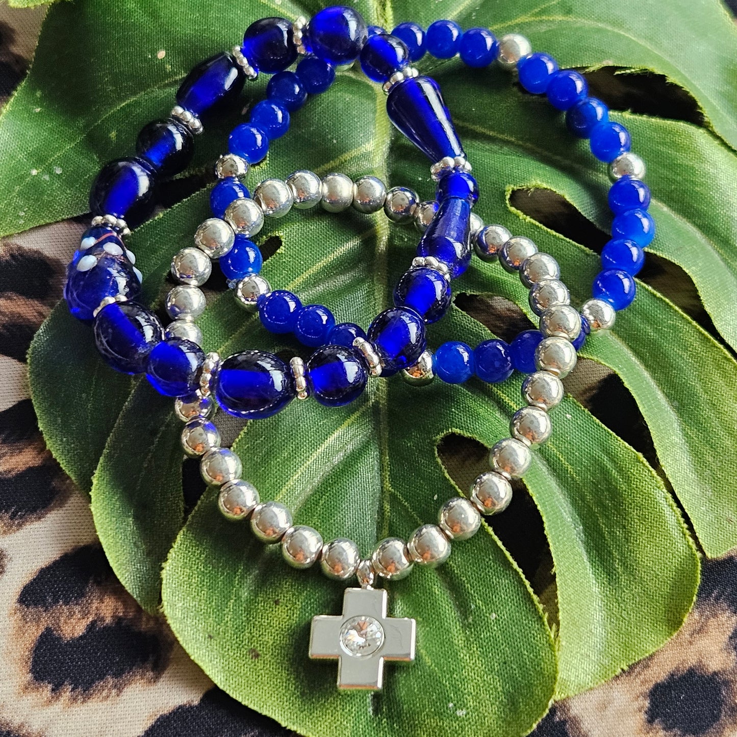 Perlenarmbänder 3 er Set in Blau mit Silber Armband