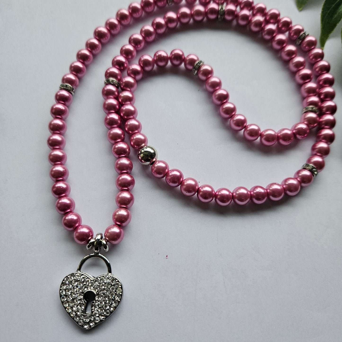 Halskette Perlen Rosa mit Anhänger Straß Herz