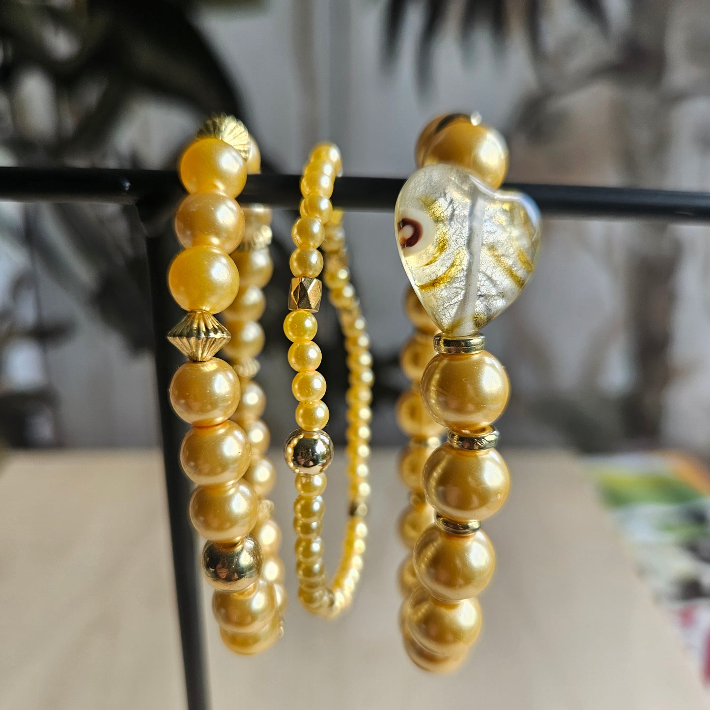 Armbänder Perlen Gelb/Gold mit Herz 3 er Set