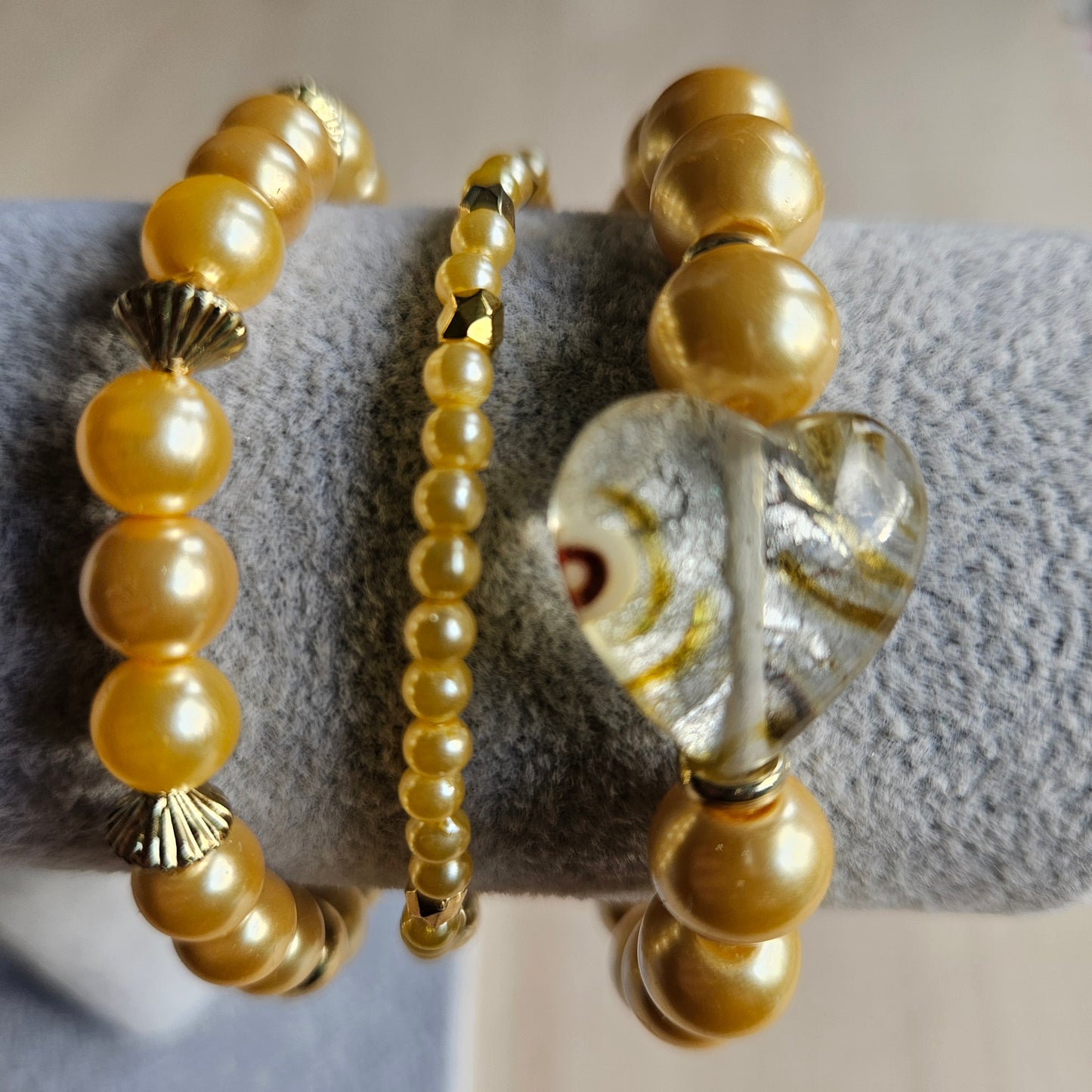 Armbänder Perlen Gelb/Gold mit Herz 3 er Set
