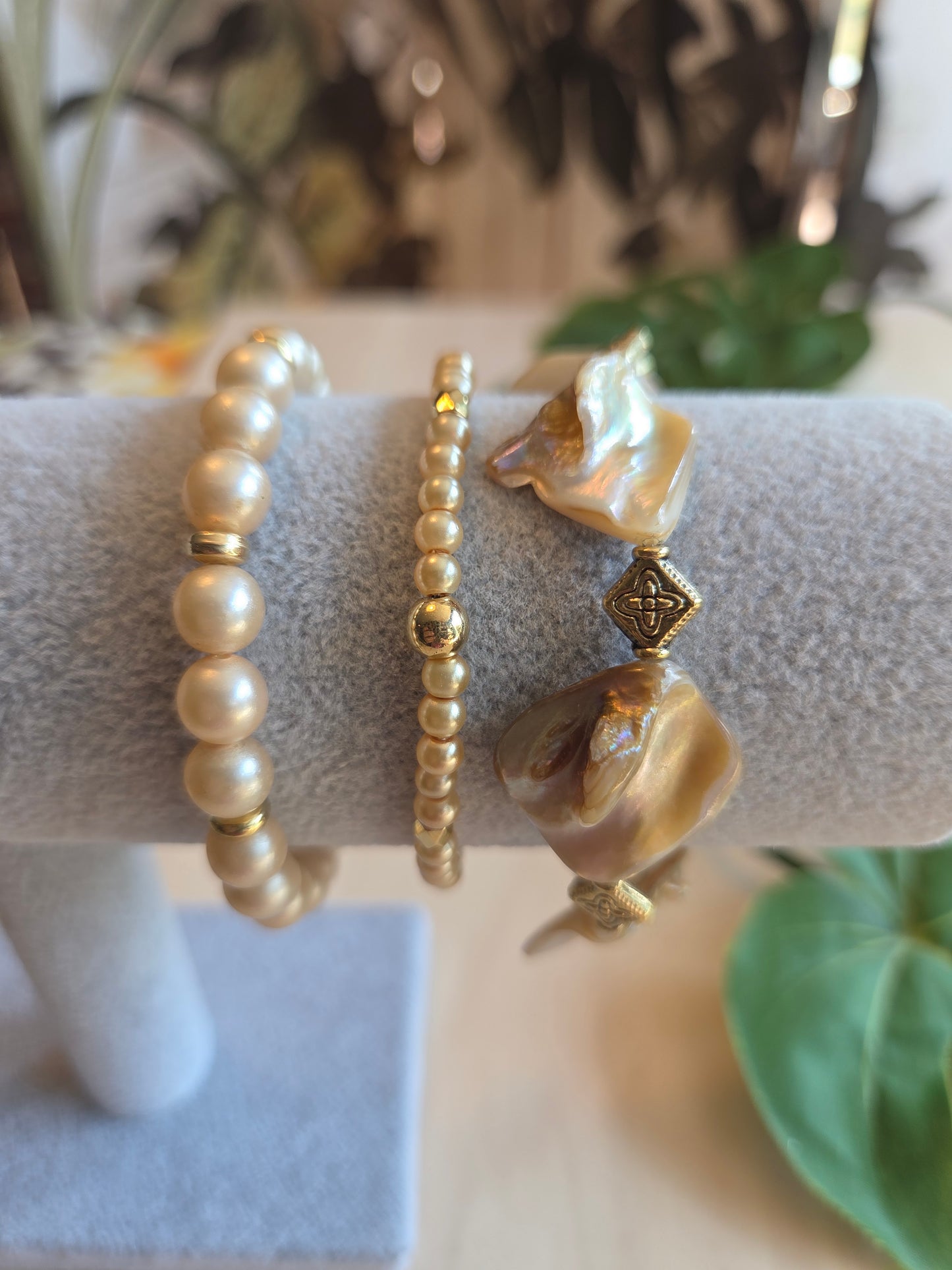 Armbänder Perlen hellbeige 3 er Set mit Perlmutt