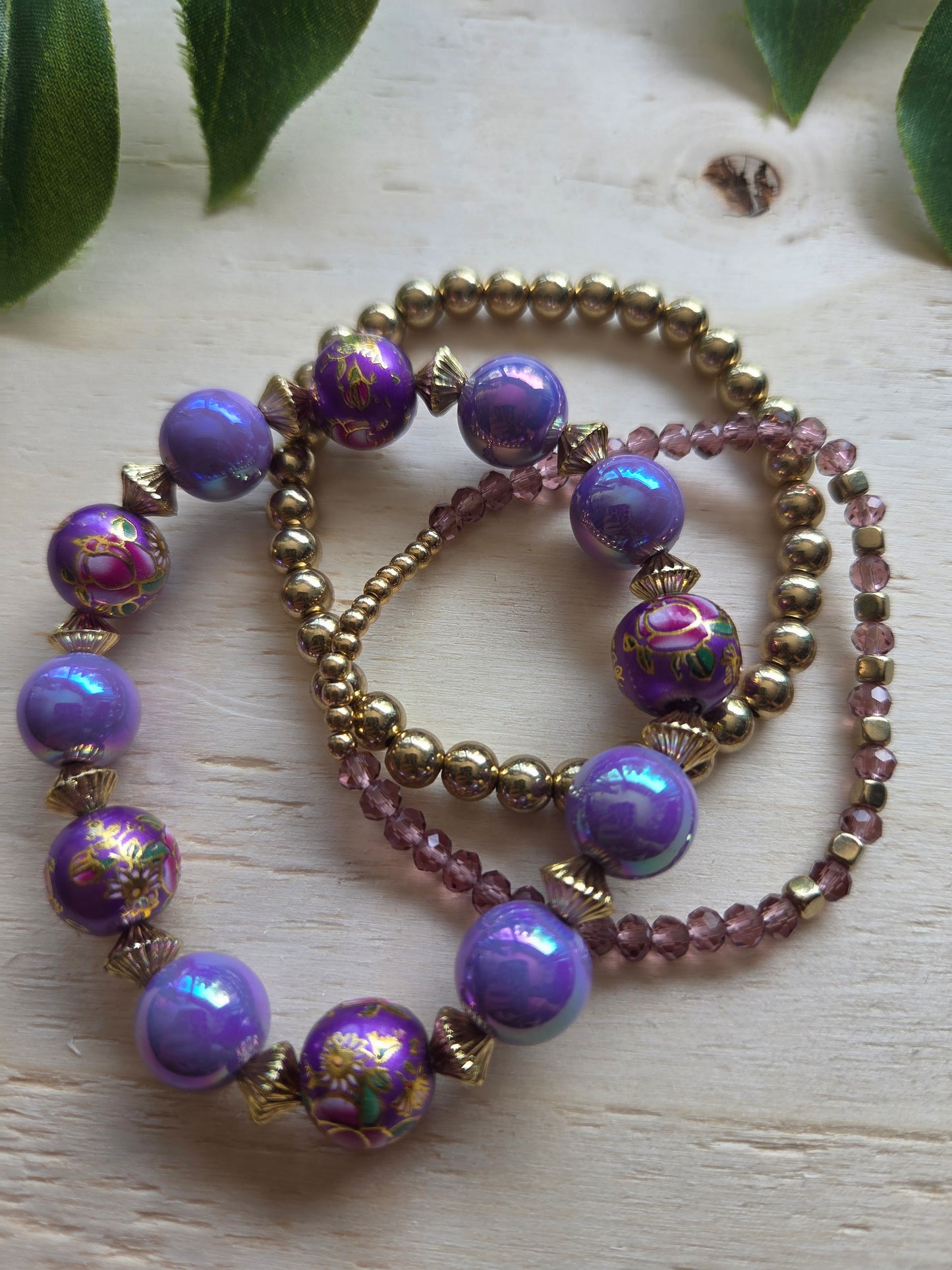 Armbänder mit Blüten Perlen Lila 3er-Set