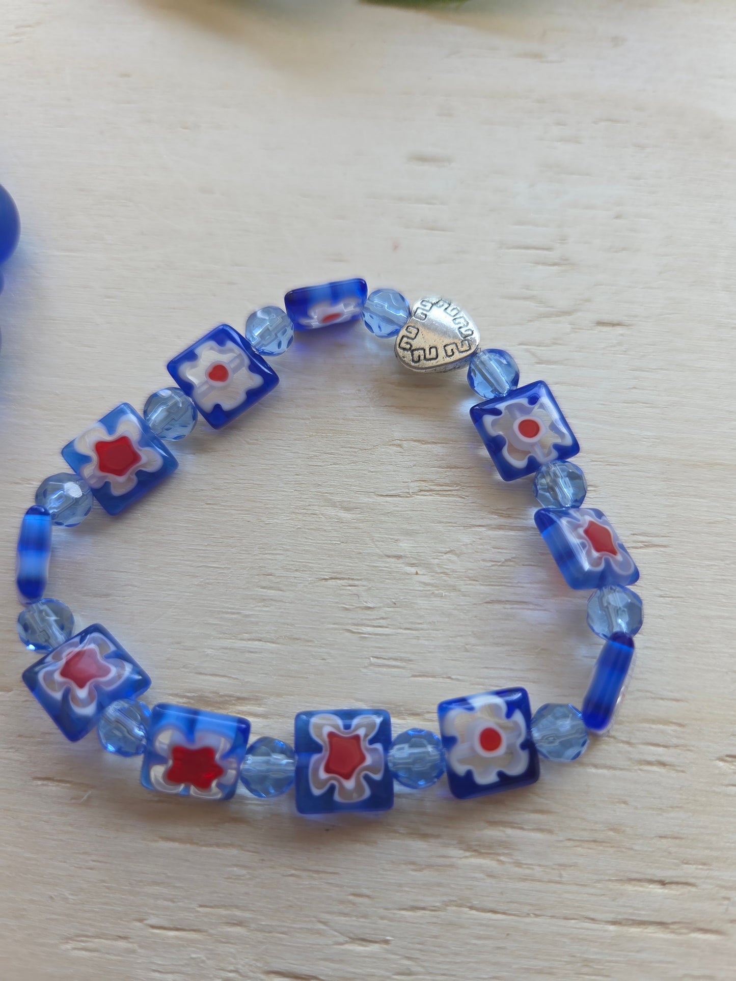 Armbänder Glas Blau Blüten/Herz Perlen 3er-Set