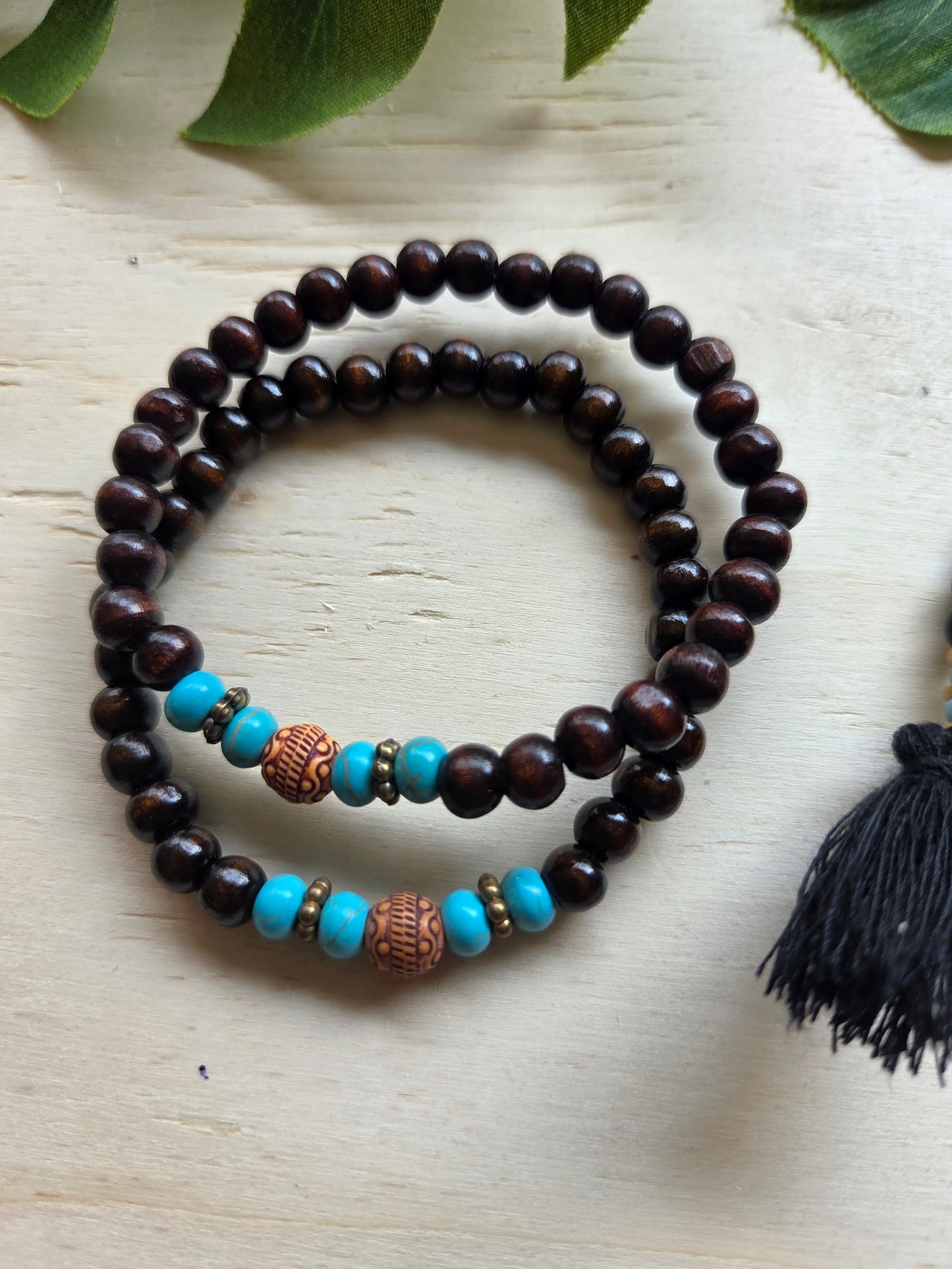 Armbänder braun Holz /Türkis 4er-Set