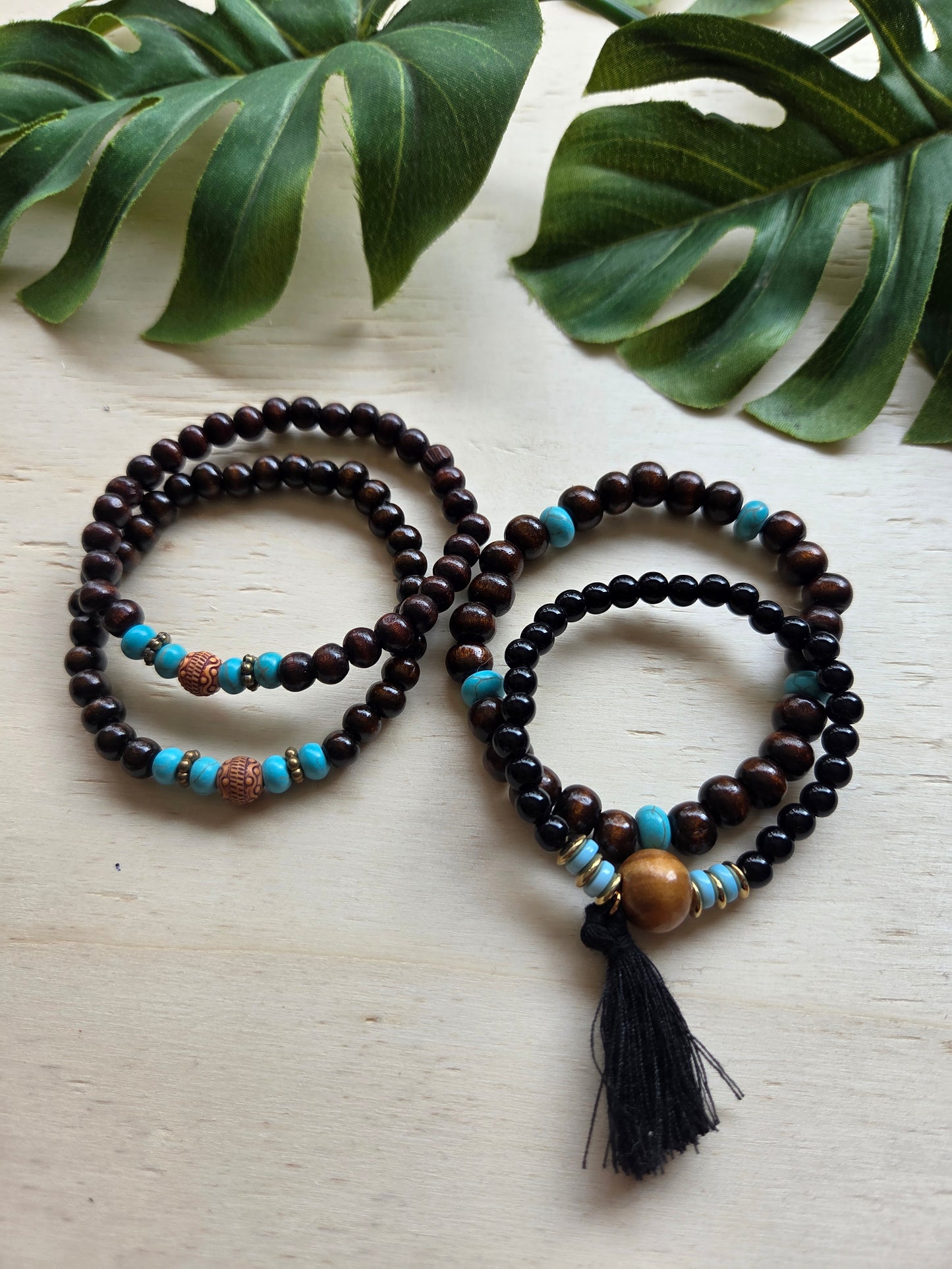 Armbänder braun Holz /Türkis 4er-Set