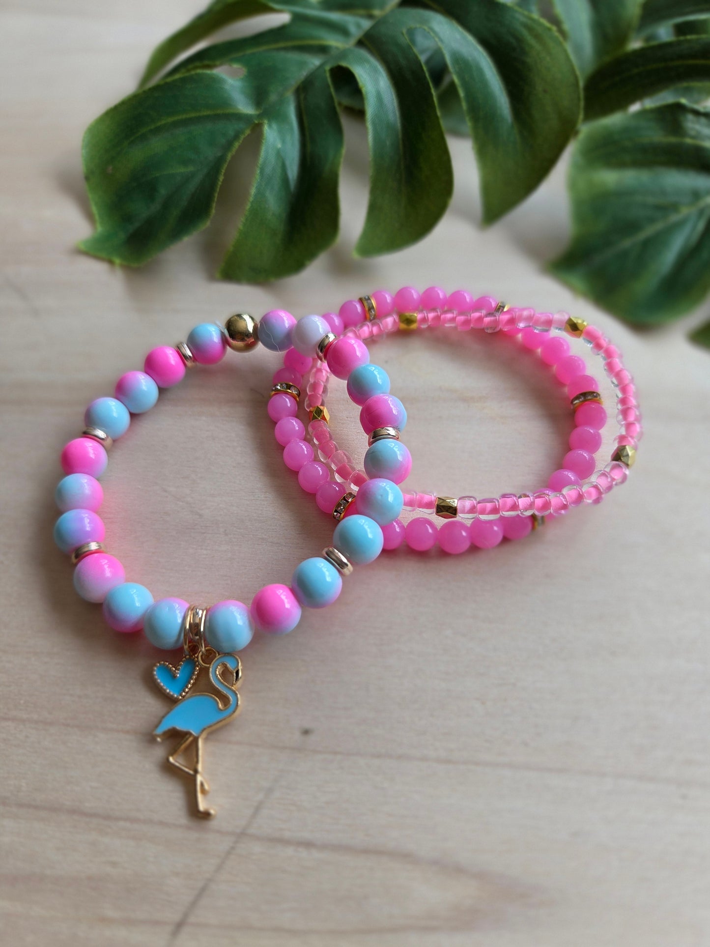 Armbänder mit Flamingo AH Rosa/Blau 3er-Set