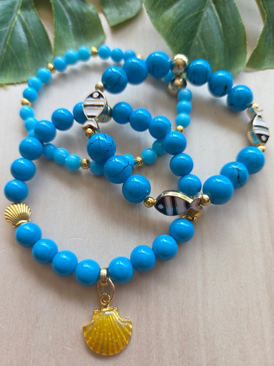 Armbänder Blau Fische und AH Muschel 3 er Set