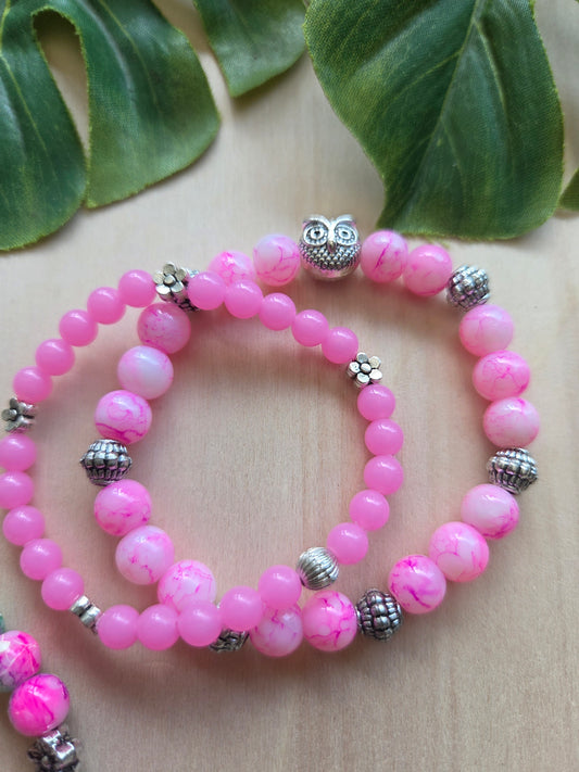 Armbänder 3 er Set mit Uhu  Anhänger Rosa/grün