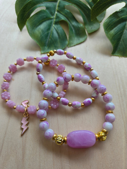 Armbänder Stein Rosa mit Anhänger 3 er Set