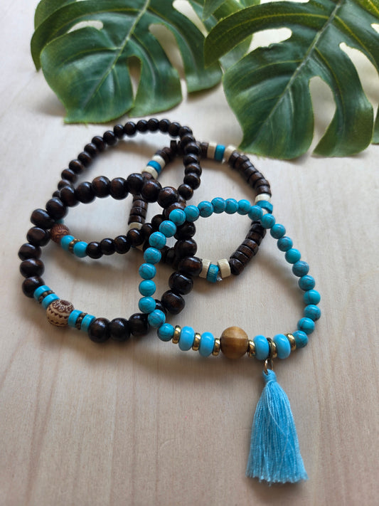 Armbänder Holz Braun/Türkis 4 er Set