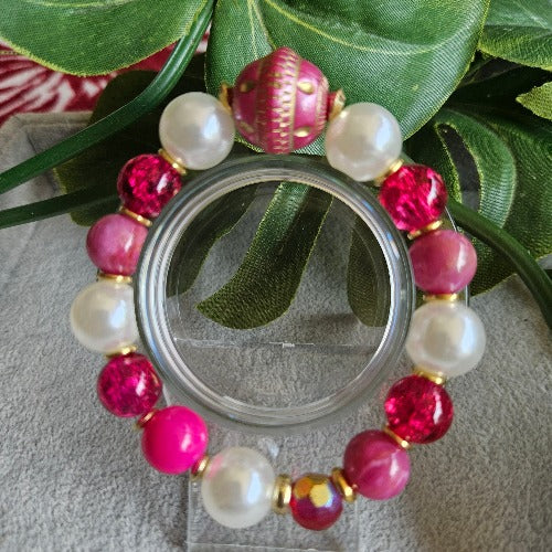 Armband  Perlen groß Pink und Weiß