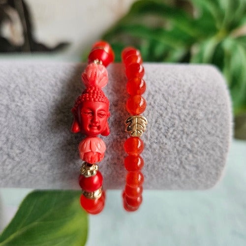 Armbänder Perlen  2er-Set rot mit Buddha