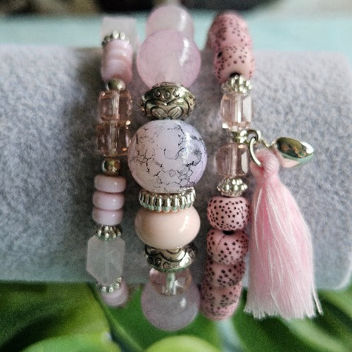 Armbänder rosa, 3er-Set,Perlen, Anhänger