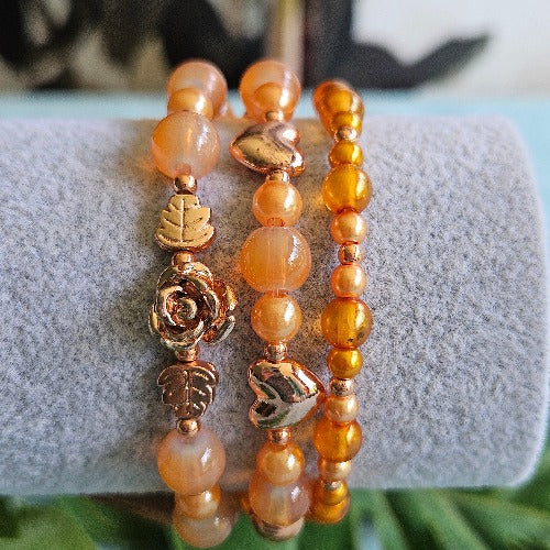 Armband orange, 3er-Set, Herzen, Rose.