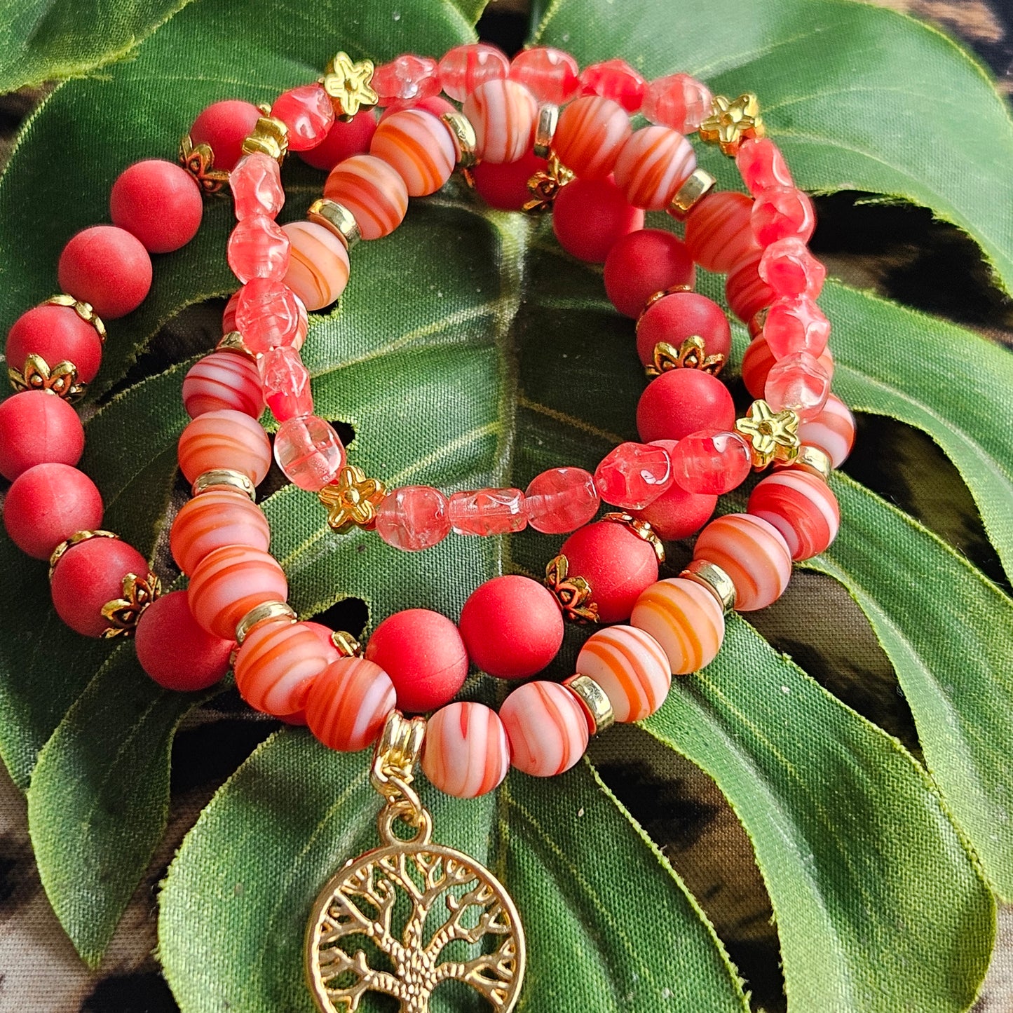 Perlenarmbänder  Rose /Rot Stein  mit Lebensbaum