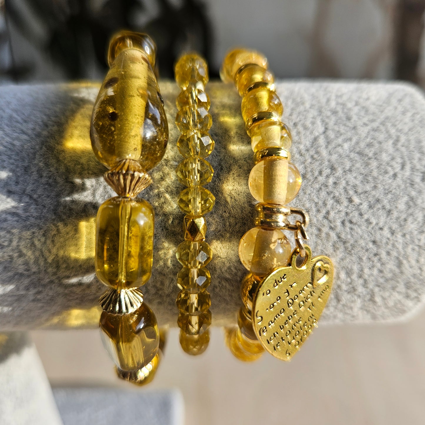 Armbänder Glas Perlen Gelb/Gold mit Herz 3 er Set