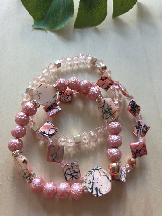 Armbänder 3 er Set Rose mit Glas/Perlmutt/Stein