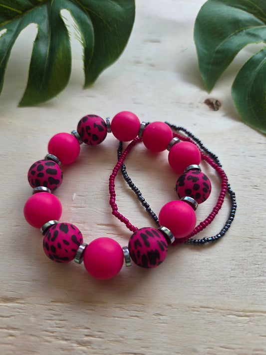 Armbänder Pink/schwarz mit Leo Kugeln 3er-Set