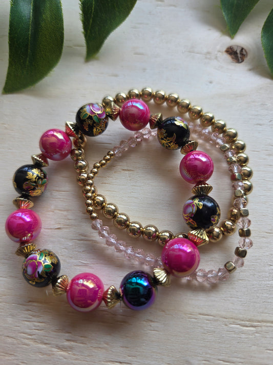 Armbänder mit Blumen Perlen Pink Schwarz 3er-Set