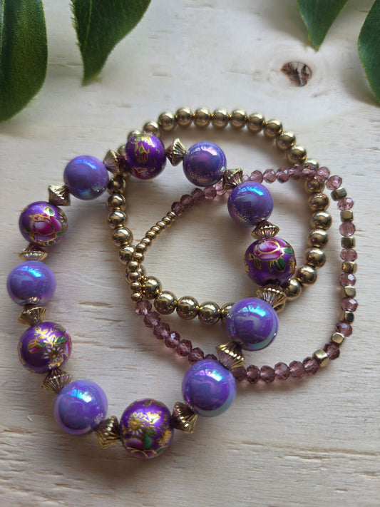 Armbänder mit Blüten Perlen Lila 3er-Set