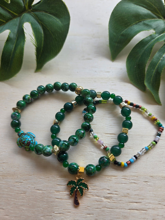Armbänder Grün mit AH Palme und Schildkröte 3er-Set