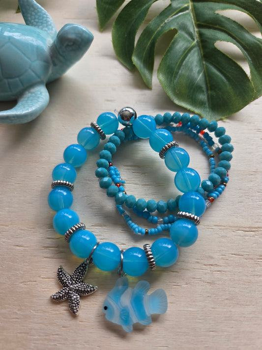Armbänder Blau Glas  mit Ah Fisch 3er-Set
