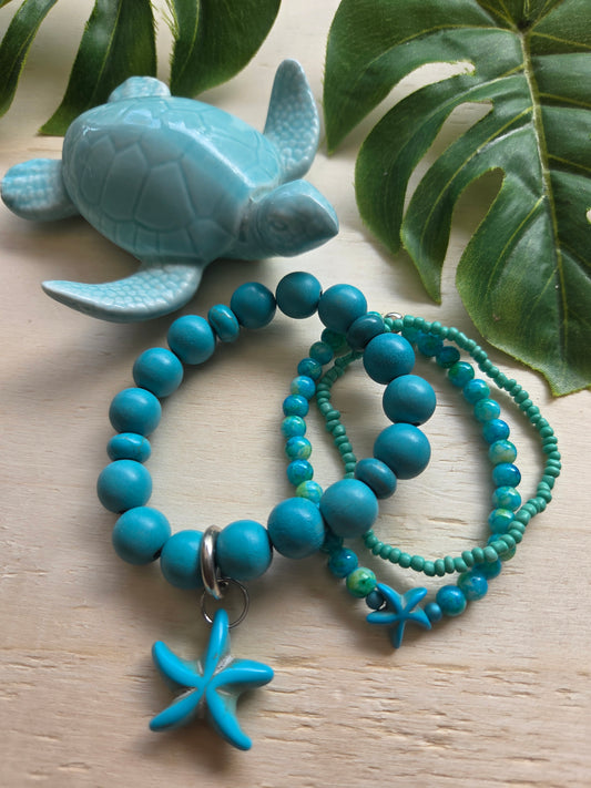 Armbänder mit Seestern Türkis/Blau  3er-Set