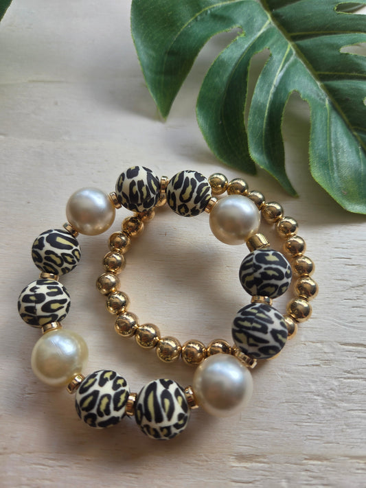 Armbänder mit Leo Kugeln  Perlen beige 2er-Set