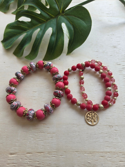 Armbänder Rot schöne Steine mit AH Lebensbaum3er-Set