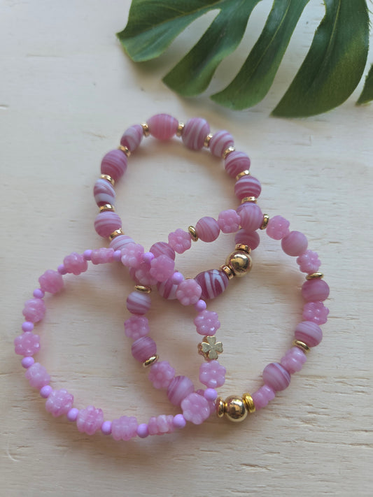 Armbänder Rosa mit Blüten Perlen  3er-Set
