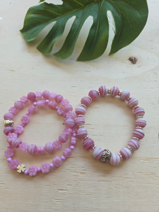 Armbänder Rosa mit Blüten Perlen 3er-Set