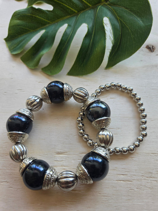 Armbänder Big Perlen schwarz/Silberfarbig eer-Set