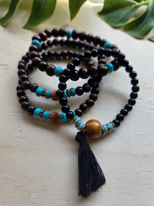 Armbänder braun Holz  /Türkis 4er-Set
