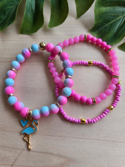 Armbänder mit Flamingo AH Rosa/Blau 3er-Set