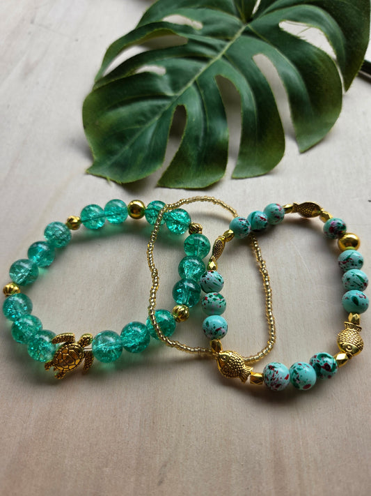 Armbänder Fische/Schildkröte Türkis 3er-Set