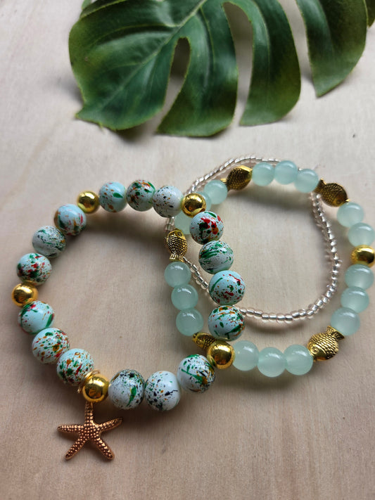 Armbänder mit Seestern/Fische Blau/Türkis 3er-Set