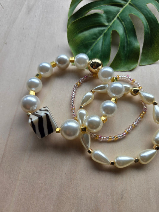 Armbänder mit Zebramuster Kugel weiß 3er-Set