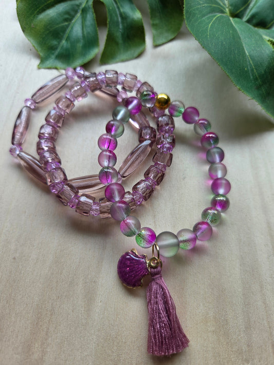 Armbänder Glas 3er- Set Flieder mit Muschel AH
