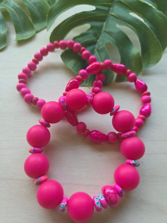 Armbänder Pink mit Big Perlen  und Blumenperlen 3er-Set