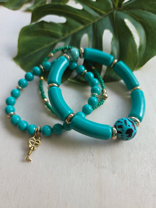 Armbänder Türkis mit Leo Kugel und AH Schlüssel 3er-Set