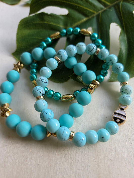 Armbänder blau mit Fischen/Seesterne 3er-Set