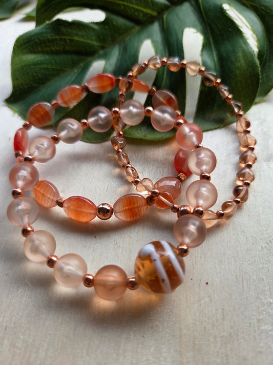 Armbänder Glas Orange /Altrosa 3er Set Herzperlen