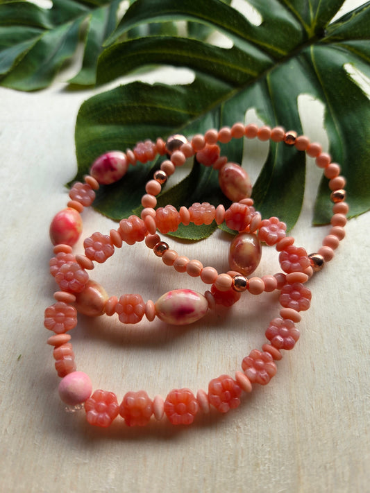 Armbänder Altrosa mit Blüten Perlen 3er- Set