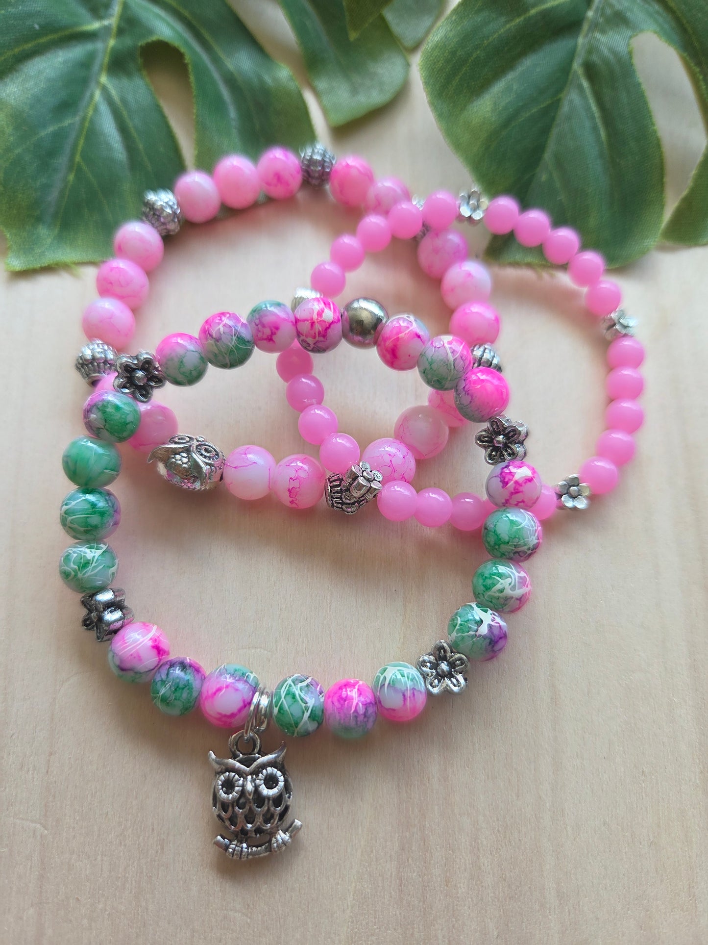 Armbänder 3 er Set mit Uhu  Anhänger Rosa/grün